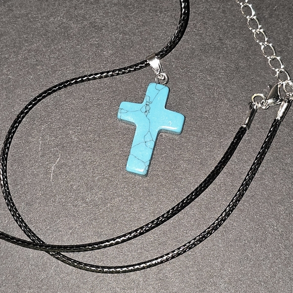 Turquoise Cross Necklace with Black Cord - Picture 1 of 3